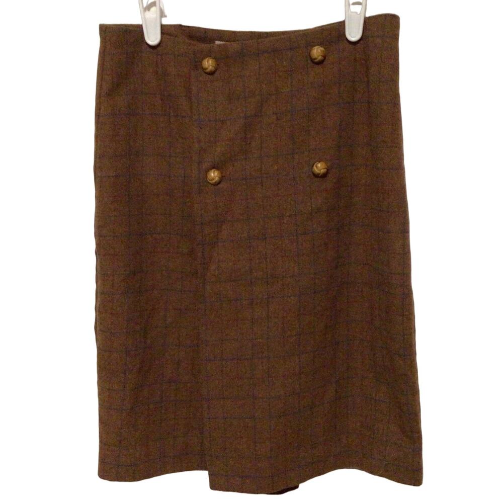 Miss Patina Plaid Wool Blend Midi Skirt – Brown Red Blue Checkered Skirt Size S